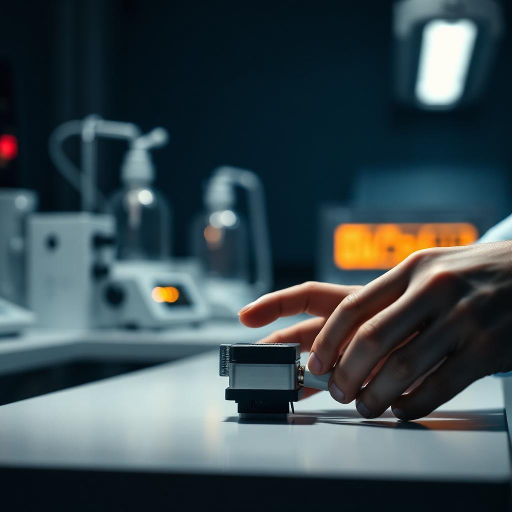 Tester examining an early-stage product prototype in a lab