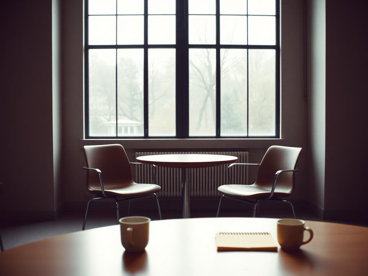 Empty focus group room with two unfilled seats