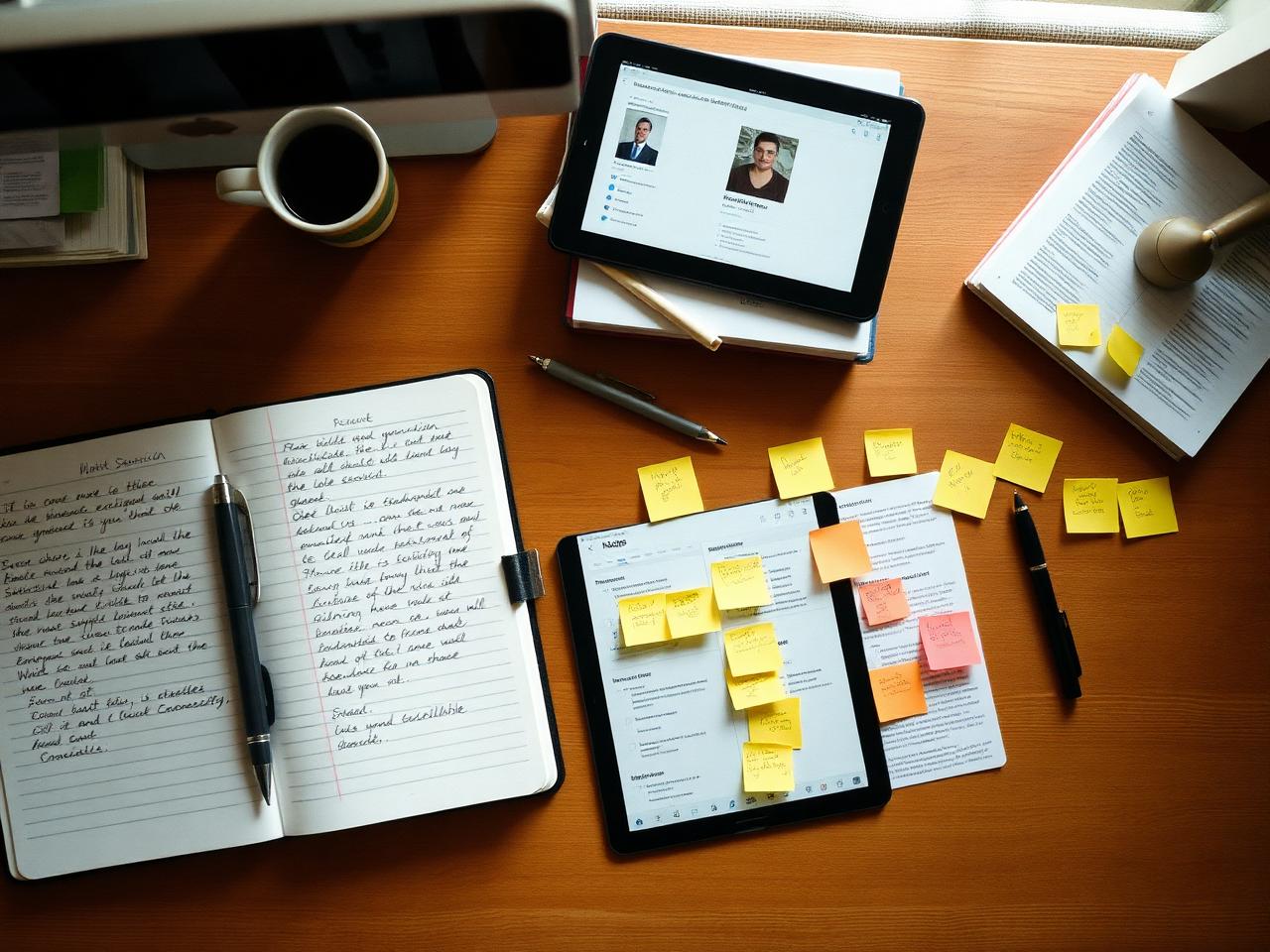 Recruiter sourcing notes, sticky maps, and respondent profiles on a desk